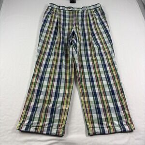 Berle Pants Mens 37 (Fits 36x28) Madras Plaid Linen Blend Pleated Slacks